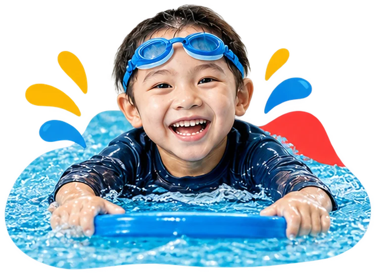 Anak tersenyum berenang dengan papan apung